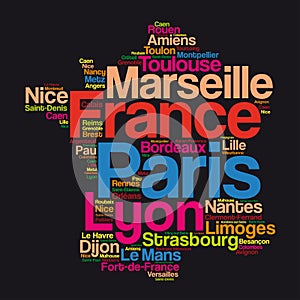 List of cities and towns in FRANCE, map word cloud collage