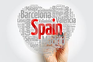 List of cities and towns in Spain composed in love sign heart shape, word cloud collage, business and travel concept background