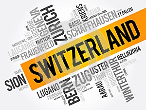 List of cities and towns in Switzerland, word cloud collage, business and travel concept background