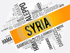 List of cities and towns in Syria, word cloud collage, business and travel concept background