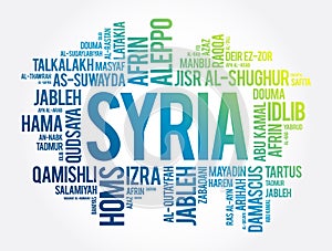 List of cities and towns in Syria, word cloud collage, business and travel concept background