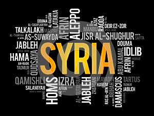 List of cities and towns in Syria, word cloud collage, business and travel concept background