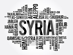 List of cities and towns in Syria, word cloud collage, business and travel concept background