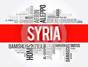 List of cities and towns in Syria, word cloud collage, business and travel concept background