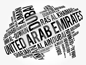 List of cities and towns in United Arab Emirates - UAE, word cloud collage, business and travel concept background