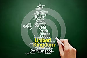 List of cities and towns in UNITED KINGDOM, map word cloud collage, business and travel concept background