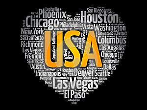 List of cities and towns in USA composed in love sign heart shape, word cloud collage, business and travel concept background