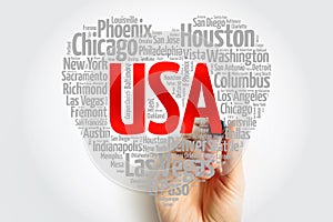 List of cities and towns in USA composed in love sign heart shape, word cloud collage, business and travel concept background