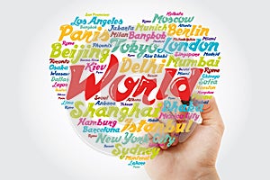 List of cities and towns in the WORLD composed in love sign heart shape, word cloud collage with marker, business and travel