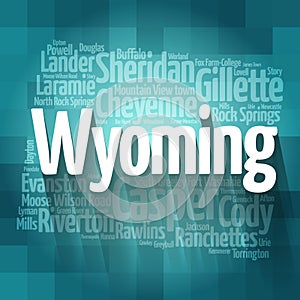 List of cities in Wyoming USA state, map silhouette word cloud, map concept background