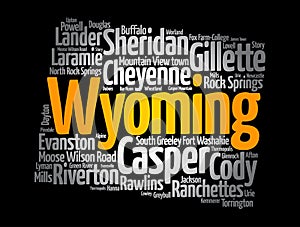 List of cities in Wyoming USA state, silhouette map word cloud