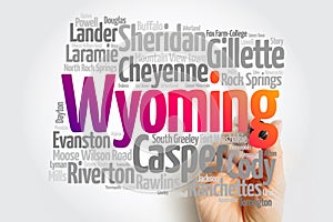 List of cities in Wyoming USA state, silhouette map word cloud
