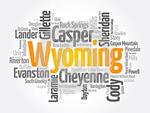 List of cities in Wyoming USA state, word cloud concept background