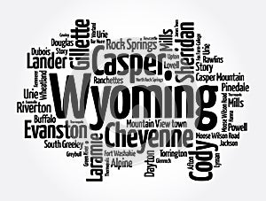 List of cities in Wyoming USA state, word cloud concept background