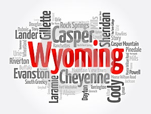 List of cities in Wyoming USA state, word cloud concept background