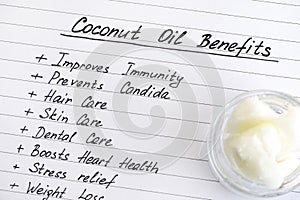 List of Coconut Oil Benefits and bottle with coconut oil