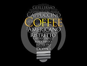 List of coffee drinks in shape of light bulb word cloud, concept background