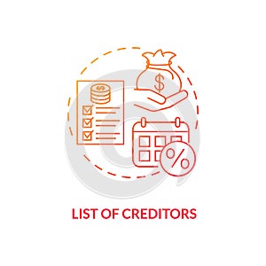 List of creditors red gradient concept icon