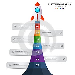 List diagram with 7 number points of step, sequence, colorful rocket launch startup, infographic element template vector