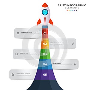 List diagram with 5 number points of step, sequence, colorful rocket launch startup, infographic element template vector