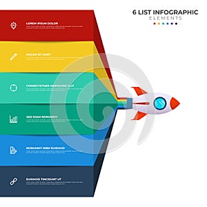 List diagram with 6 points of steps, sequence, colorful rocket launch startup, infographic element template vector