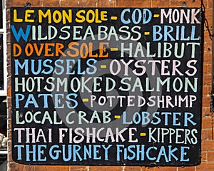 List of Fish on the exterior of a Fishmongers in Norfolk, UK