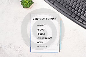 List with the monthly budget for rent, food, insurance, paying bills and credits, financial planning, calculate the expenses