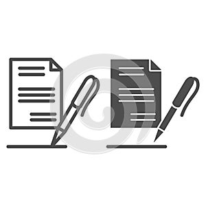List paper and pen line and glyph icon. Contract record, report, document signing symbol, outline style pictogram on