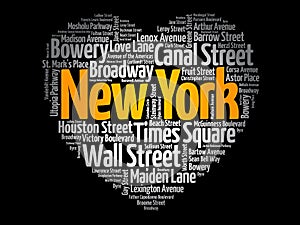 List of streets in New York City composed in love sign heart shape, word cloud collage, business and travel concept background