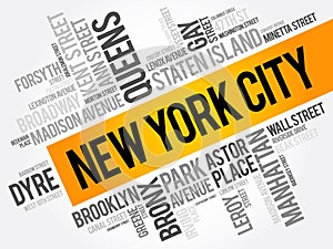 List of streets in New York City, word cloud collage, business and travel concept background