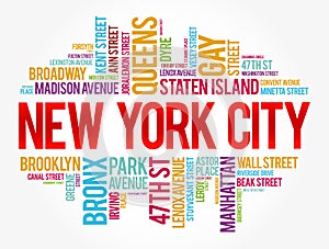 List of streets in New York City, word cloud collage, business and travel concept background