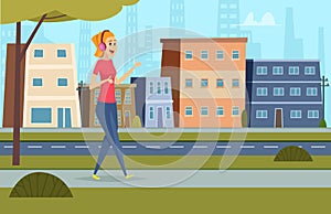 Listen music on street. Outdoor character standing in urban landscape with headset and smartphone student leisure vector