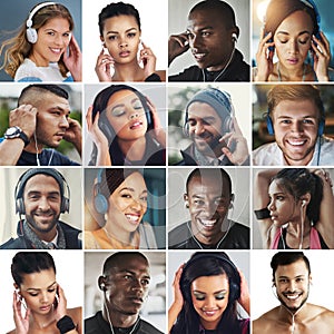 Listen to the beat. Composite image of a diverse group of people listening to music.