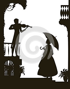 Listen the violin melody, romantic scene in the city, old fashioned girl holding the umbrella and listen the violinist