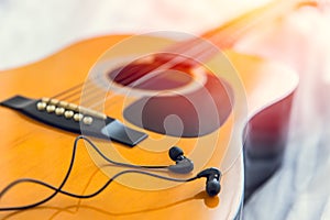 Listening and play the music with guitar, relax happy time with song concept.