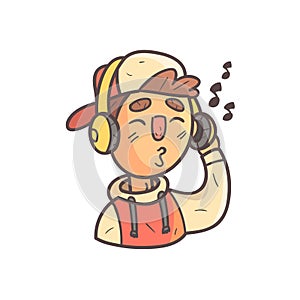 Listening To Music Boy In Cap And College Jacket Hand Drawn Emoji Cool Outlined Portrait