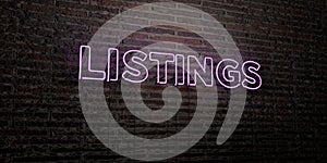 LISTINGS -Realistic Neon Sign on Brick Wall background - 3D rendered royalty free stock image