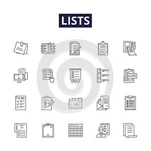 Lists line vector icons and signs. Register, Catalogue, Chronicle, Inventory, Tabulate, Aggregate, Codify, Matrix photo