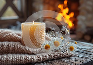 A lit beeswax candle on a rustic wooden stand, complemented by delicate yellow flowers, evokes a warm, homely atmosphere