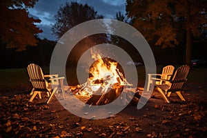 a lit bonfire with empty chairs around it