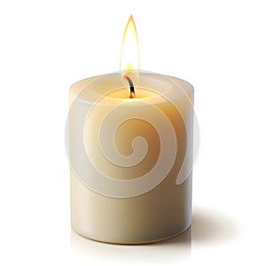Lit candle with flame on white background photo