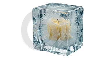 A lit candle frozen inside an ice cube on a white background. Space for text.