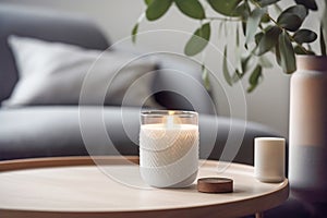 Lit candle in a glass jar on a coffee table in a living room with gray couch cushions green potted plant. Cozy atmosphere.