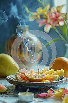 A lit candle on a plate with sliced fruit