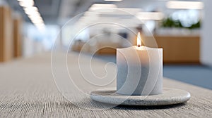 A lit candle on a table in an setting with blurred background elements