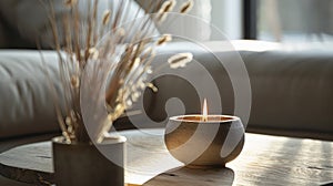 Lit Candle on Wooden Table