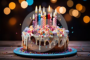 Lit candles adorn a colorful birthday cake on a wooden table