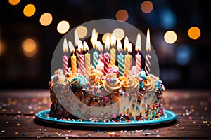 Lit candles adorn a colorful birthday cake on a wooden table