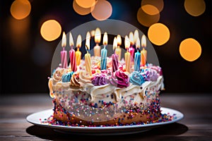 Lit candles adorn a colorful birthday cake on a wooden table