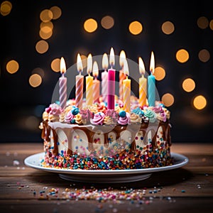 Lit candles adorn a colorful birthday cake on a wooden table